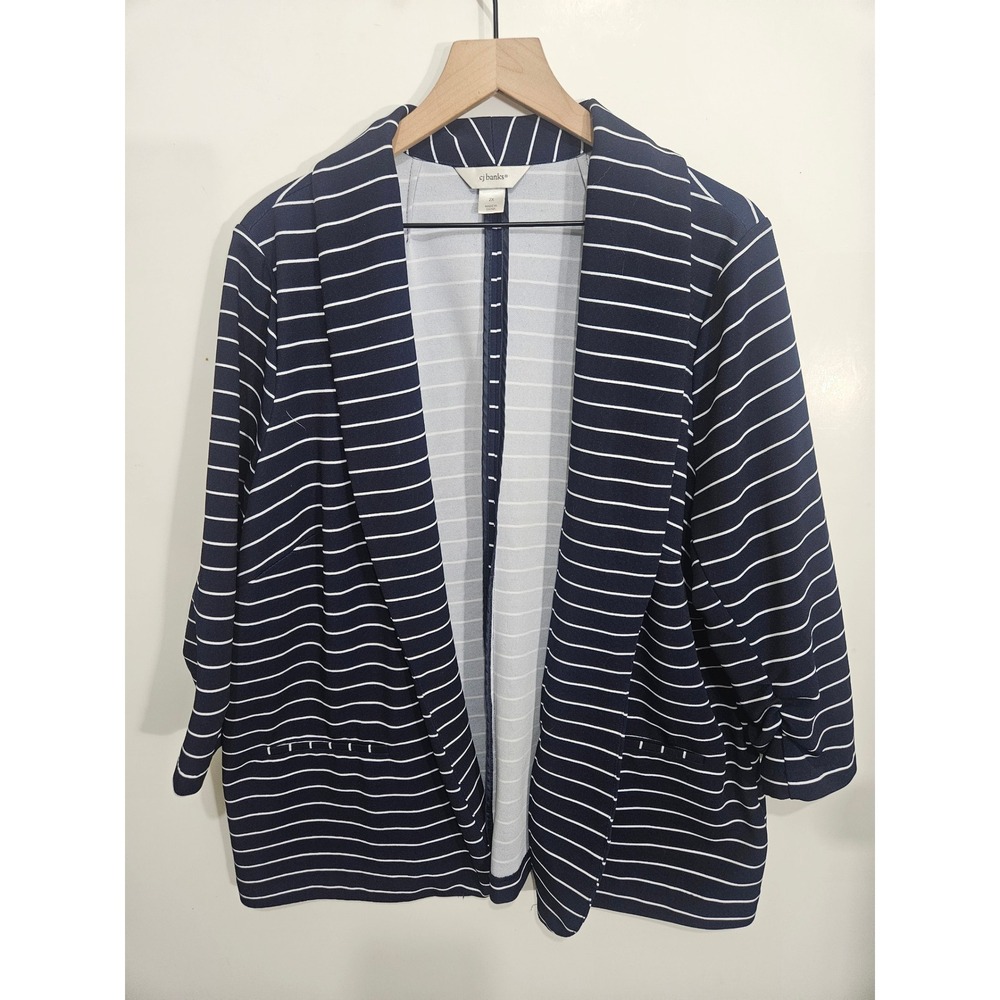 CJ Banks Navy Blue White Striped Open Front Blazer 2X Plus Size 3/4 Sleeve Pocke